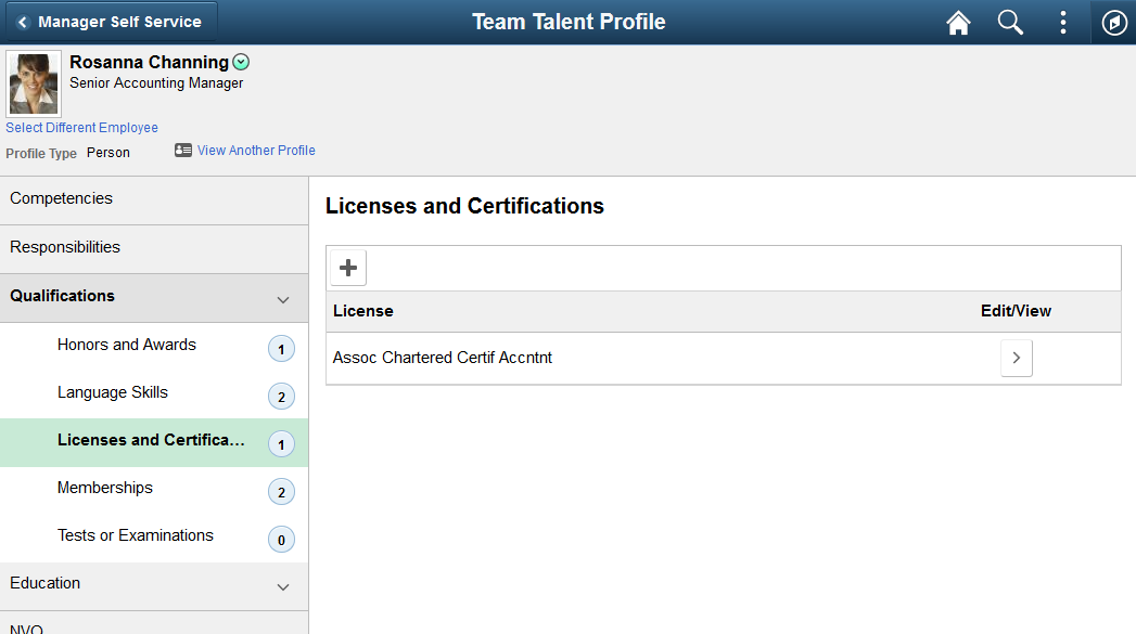 (Tablet) Team Talent Profile page for Qualifications