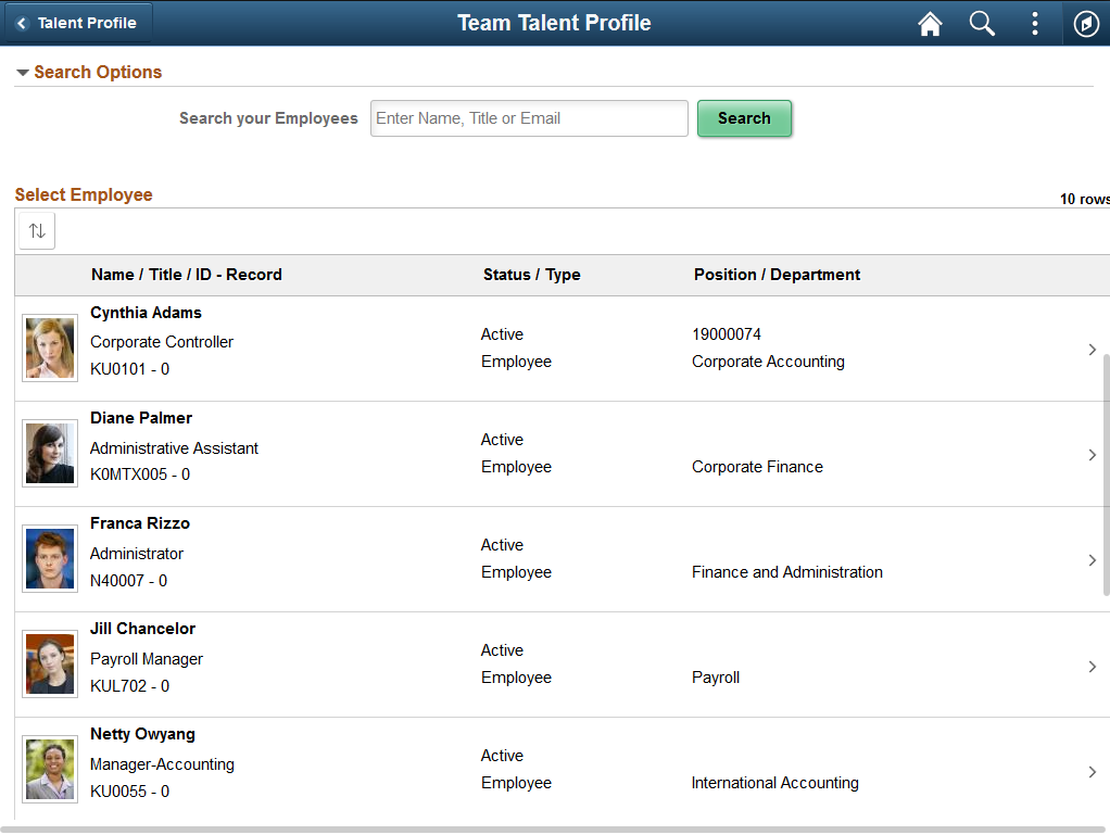 Team Talent Profile - Select Employee Page