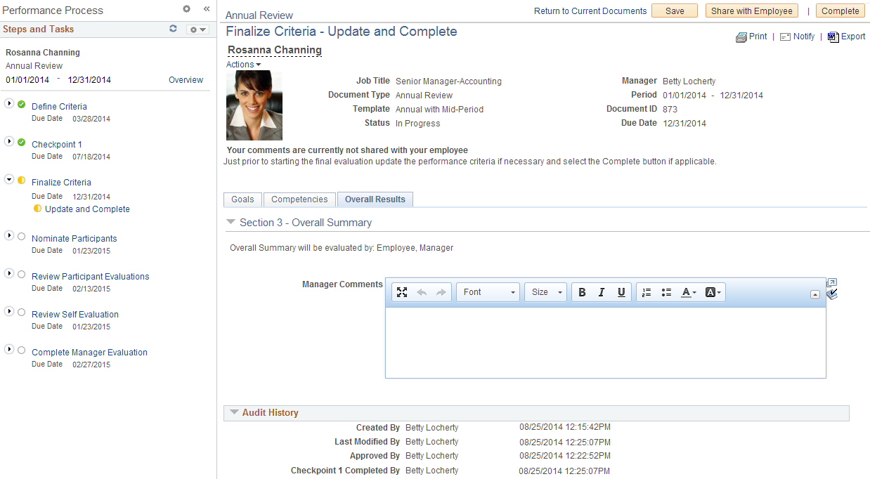 Finalize Criteria page displayed in WorkCenter