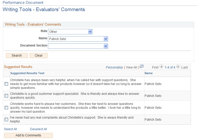 Writing Tools - Evaluators Comments page