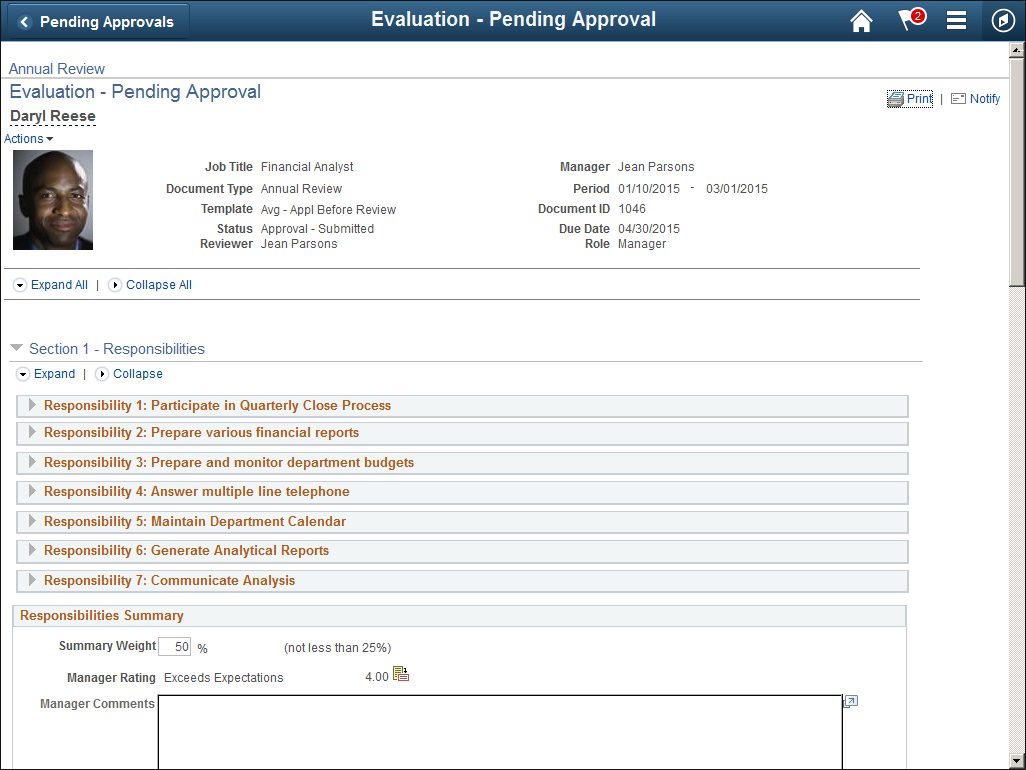 Evaluation - Pending Approval page