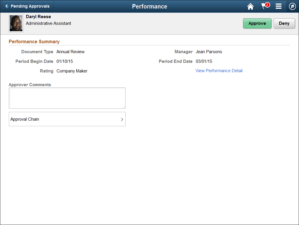 Pending Approvals - Performance page