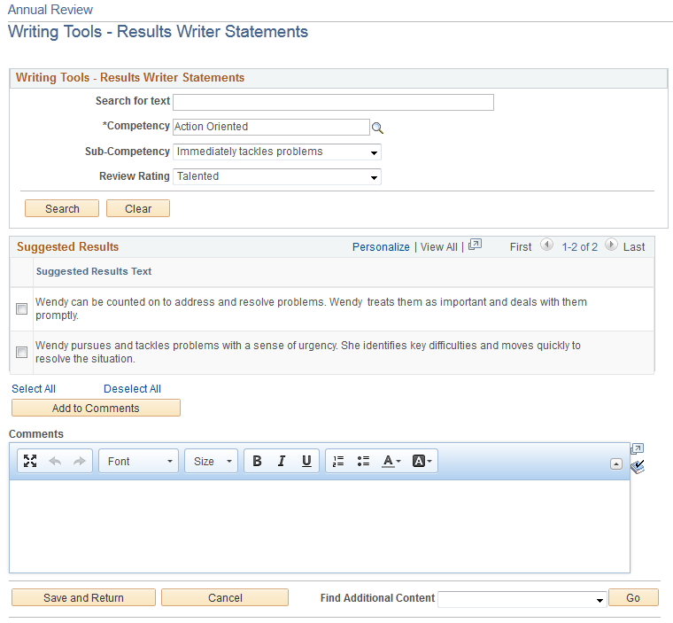 Writing Tools - Results Writer Statements page