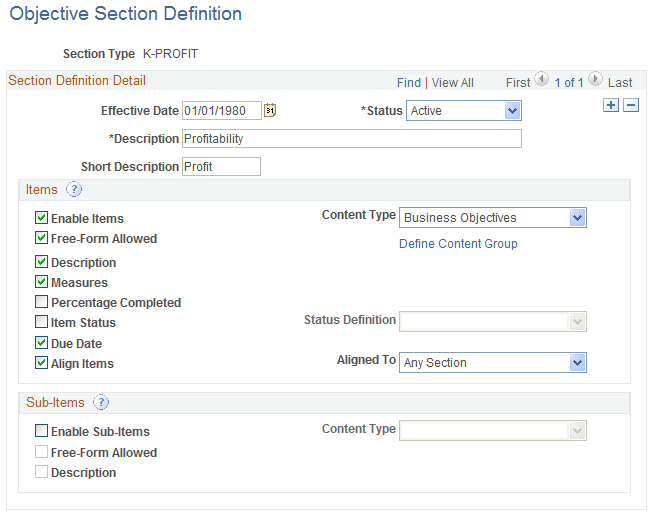 Objective Section Definition page