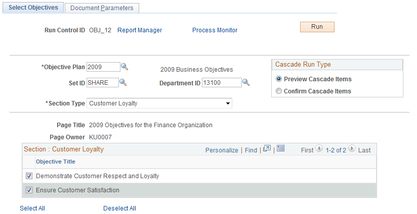 Select Objectives page