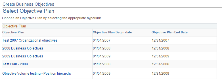 Create Business Objectives - Select Objective Plan page