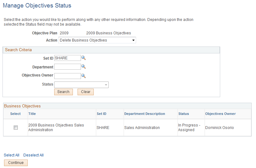 Manage Objectives Status page