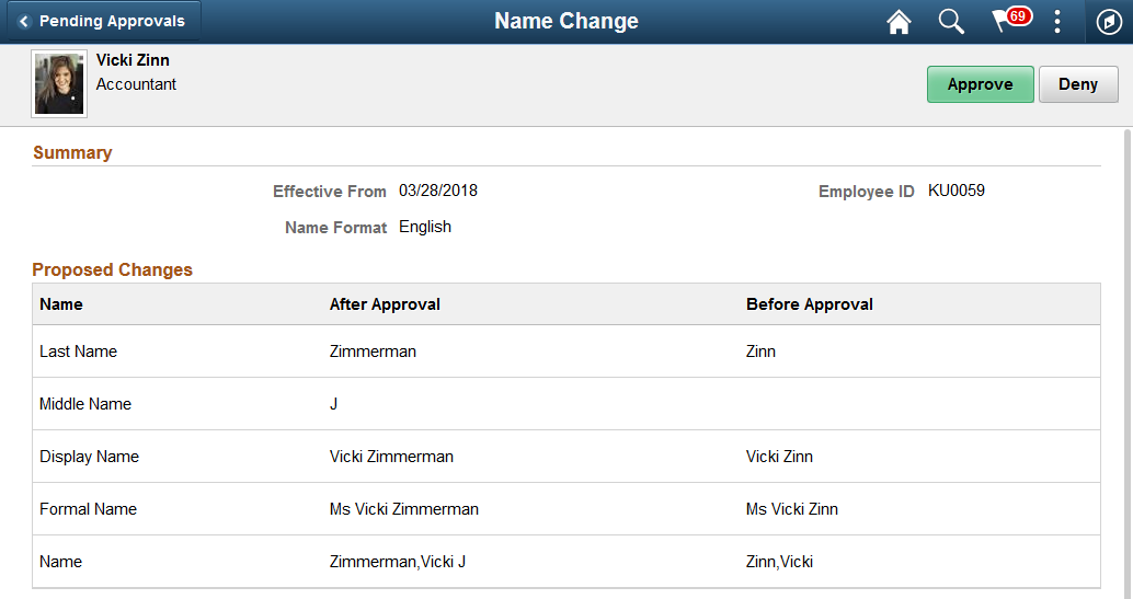 Pending Approvals - <Transaction Name> page (1 of 2) showing a Name Change transaction