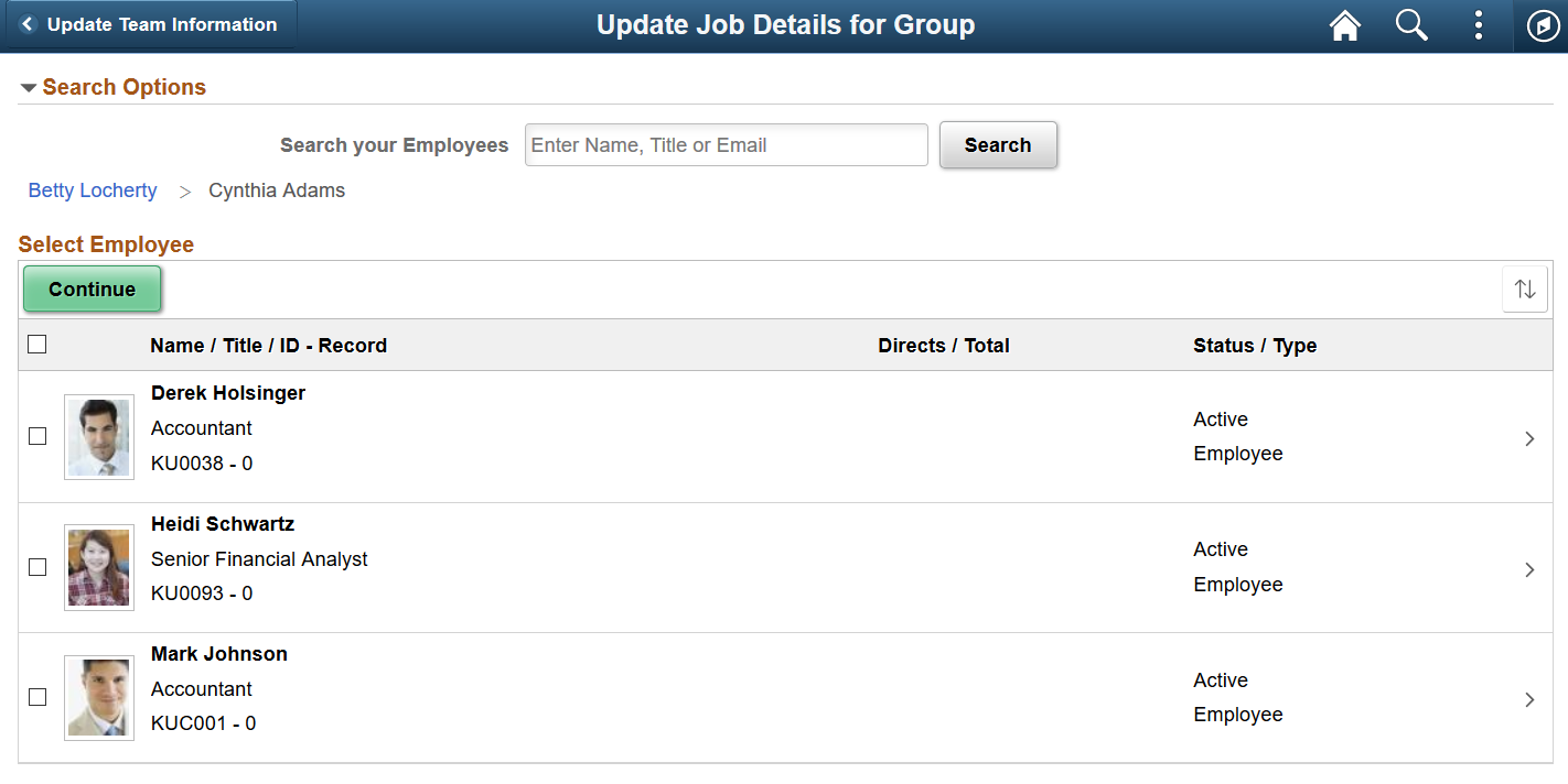 <Transaction Name> page for selecting multiple employees