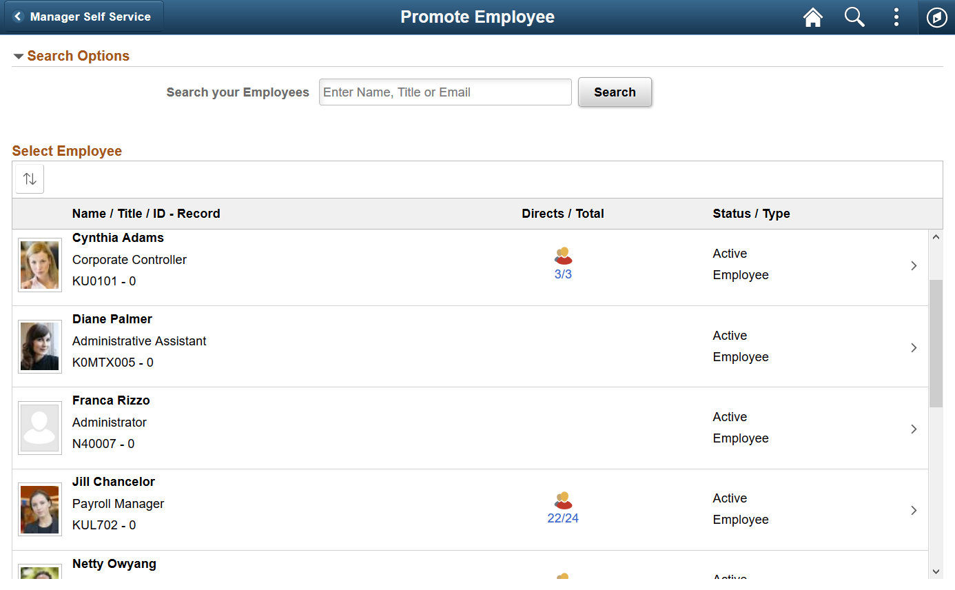 <Transaction Name> page for selecting one employee