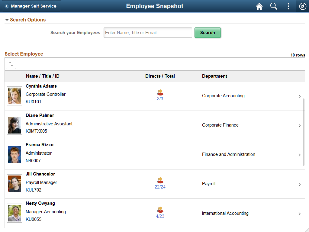 Employee Snapshot - Select Employee page for a manager