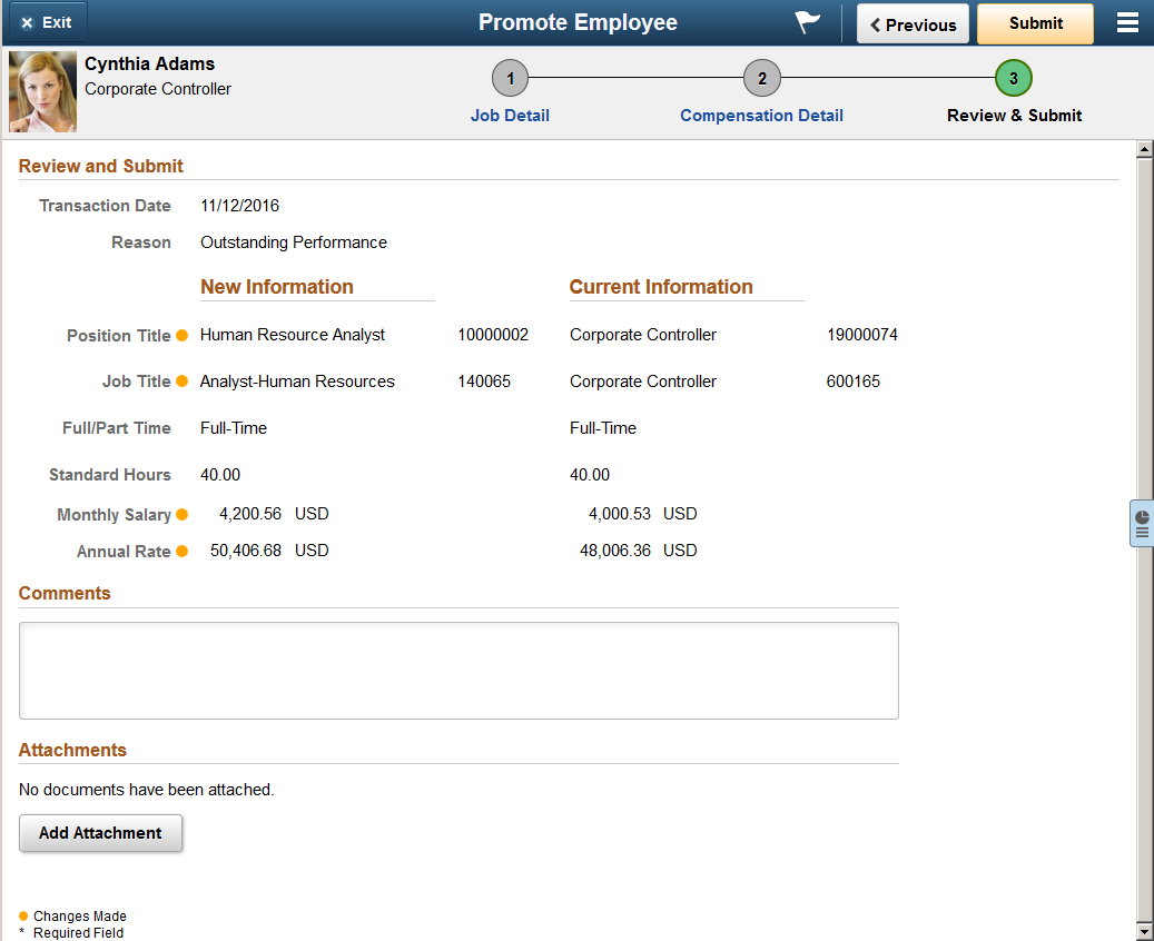 Review and Submit page for an employee transaction (PeopleTools 8.55 and higher)