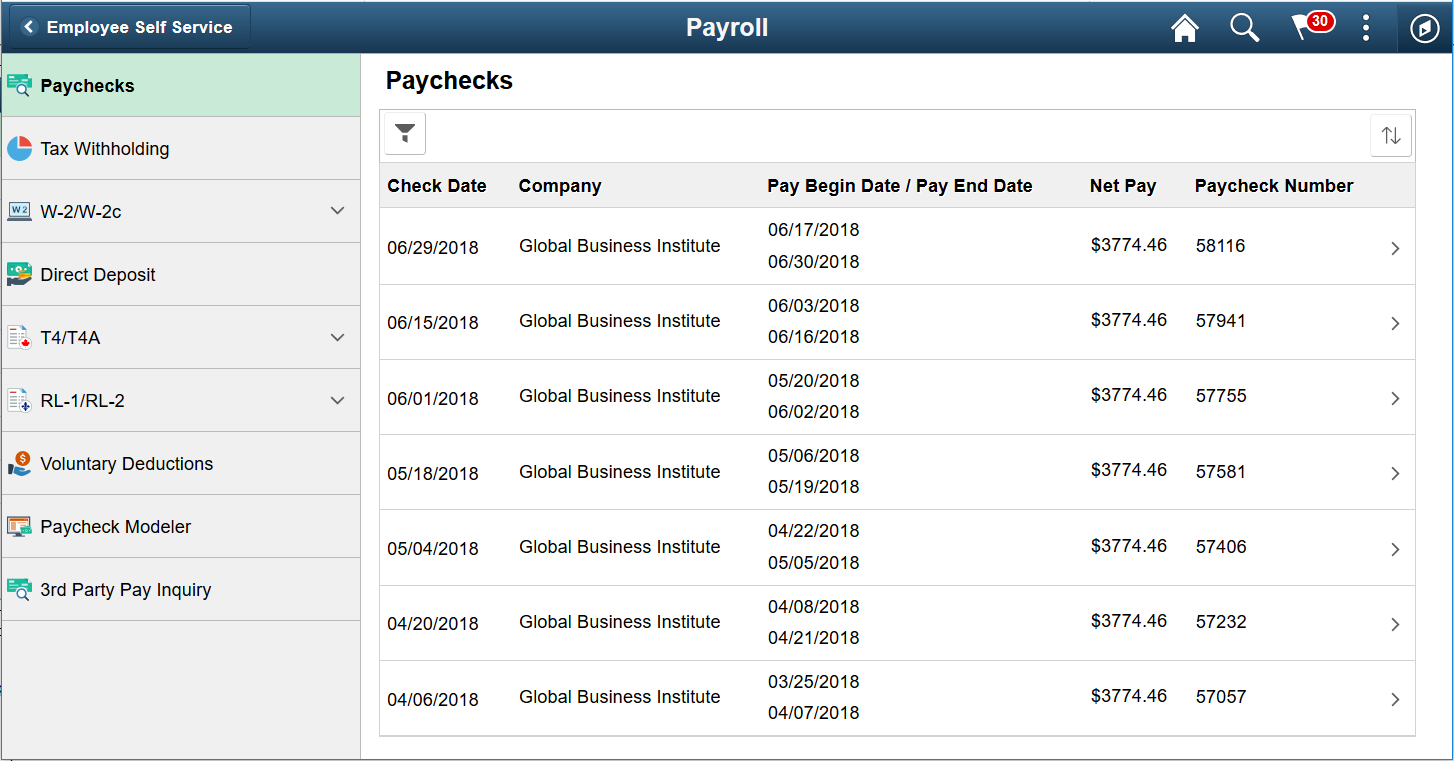 Payroll application start page