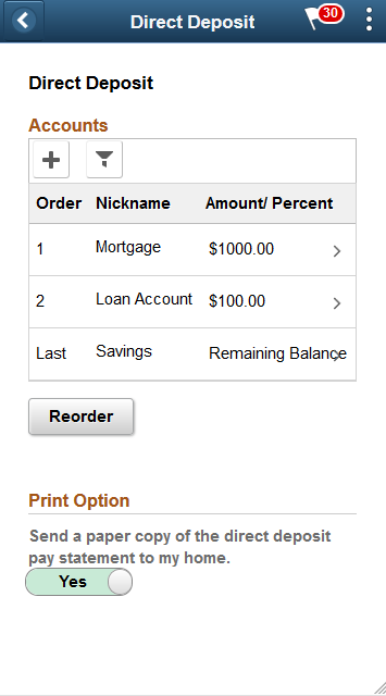 Direct Deposit page for the smartphone