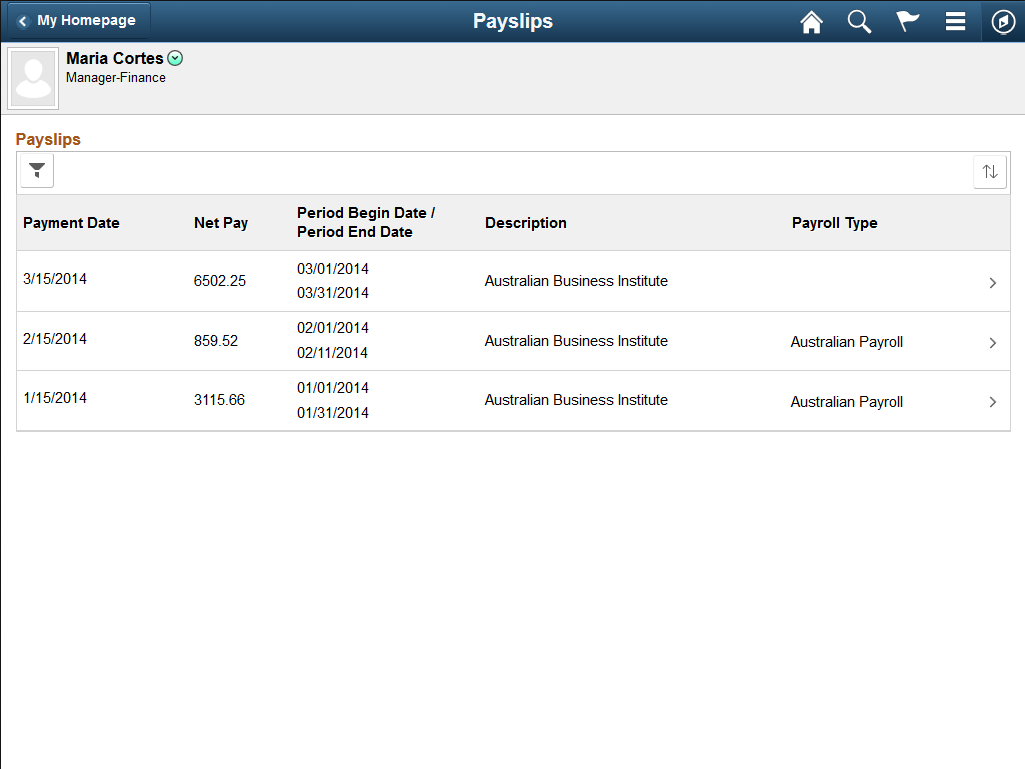 (Tablet) Payslips page