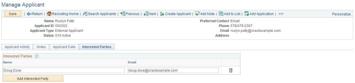 Manage Applicant page: Interested Parties tab