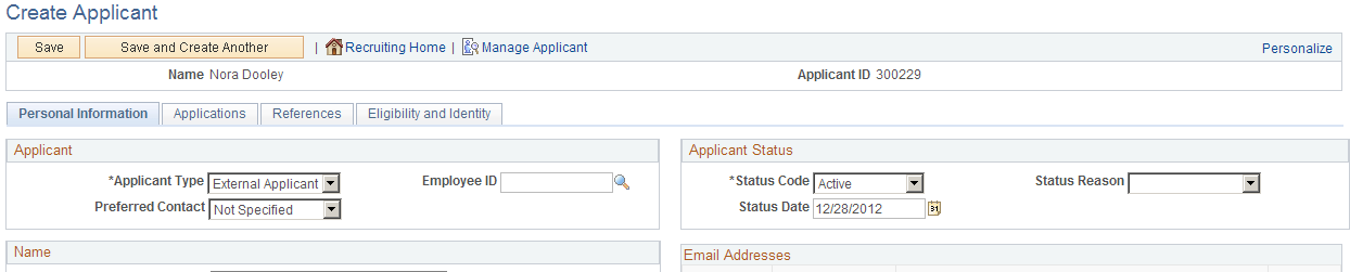 Create Applicant page after saving