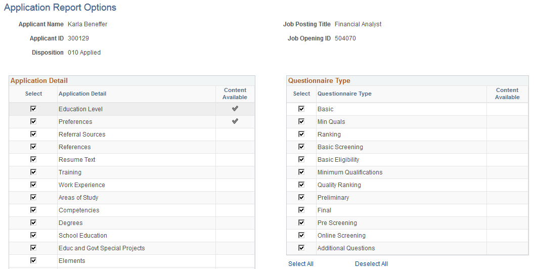 Application Report Options page (1 of 2)