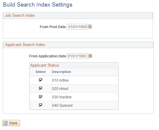 Build Search Index Settings page