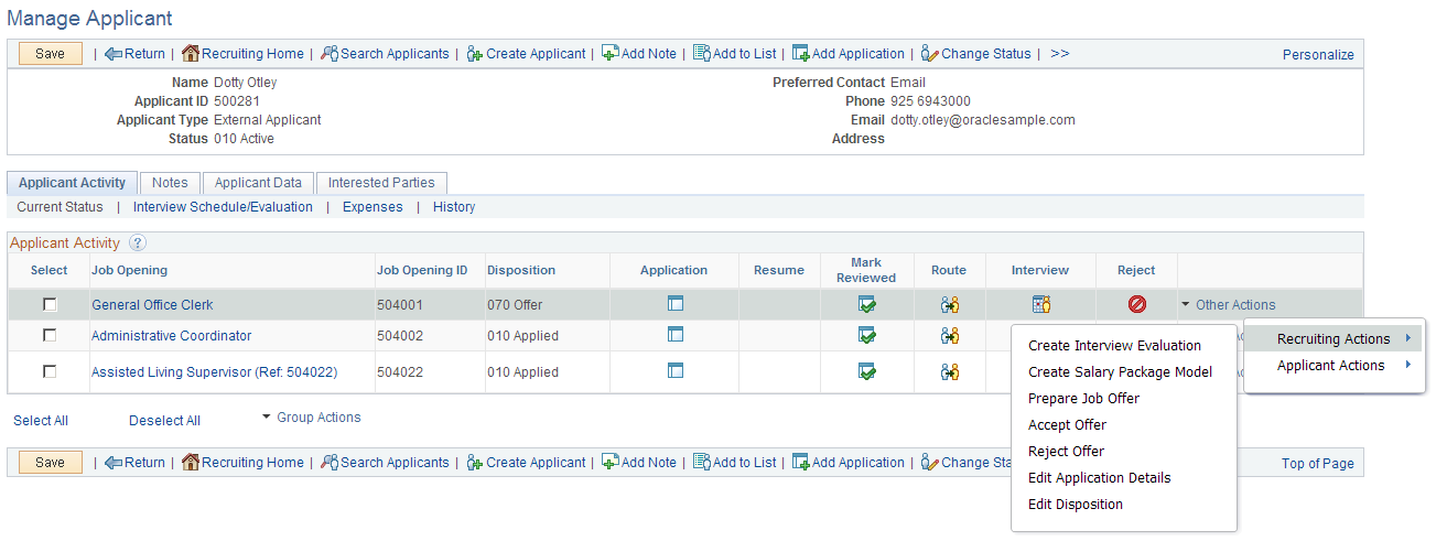 Page controls for performing actions