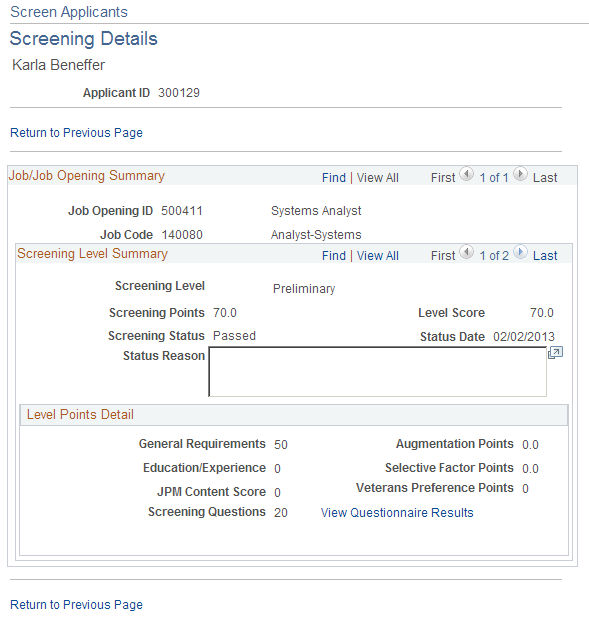 Screening Details page