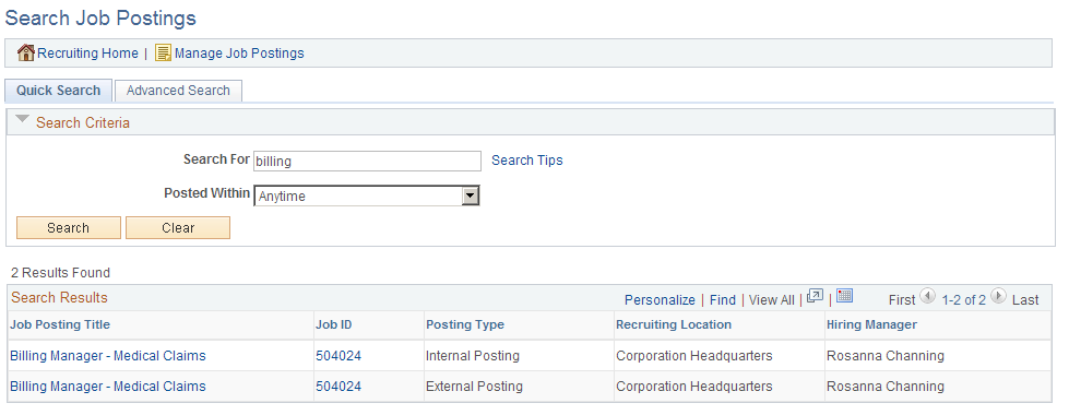 Search Job Postings page: Quick Search tab