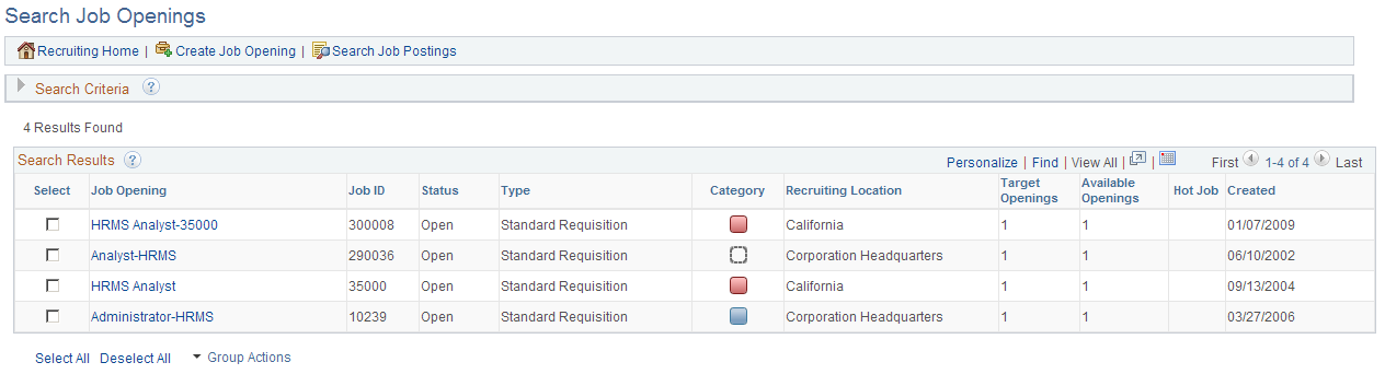 Search Job Openings page after performing a search