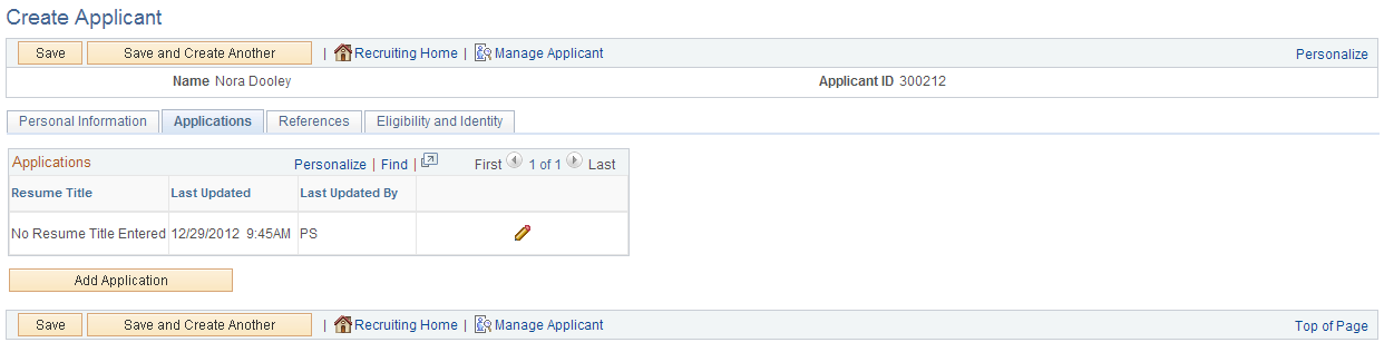 Create Applicant page: Applications tab