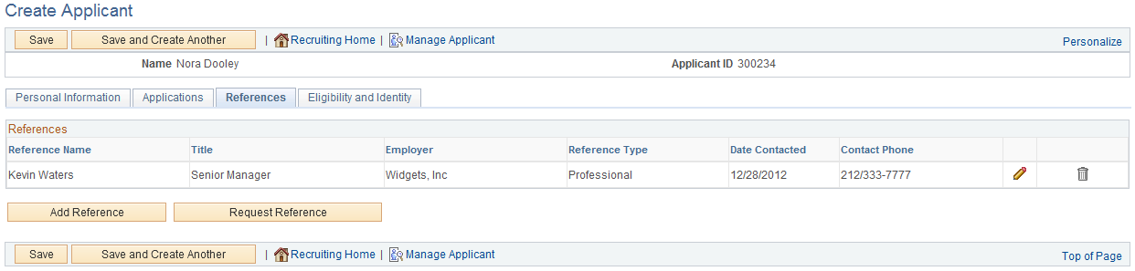 Create Applicant page: References tab