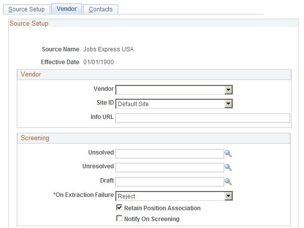 Recruitment Sources - Vendor page (1 of 2)