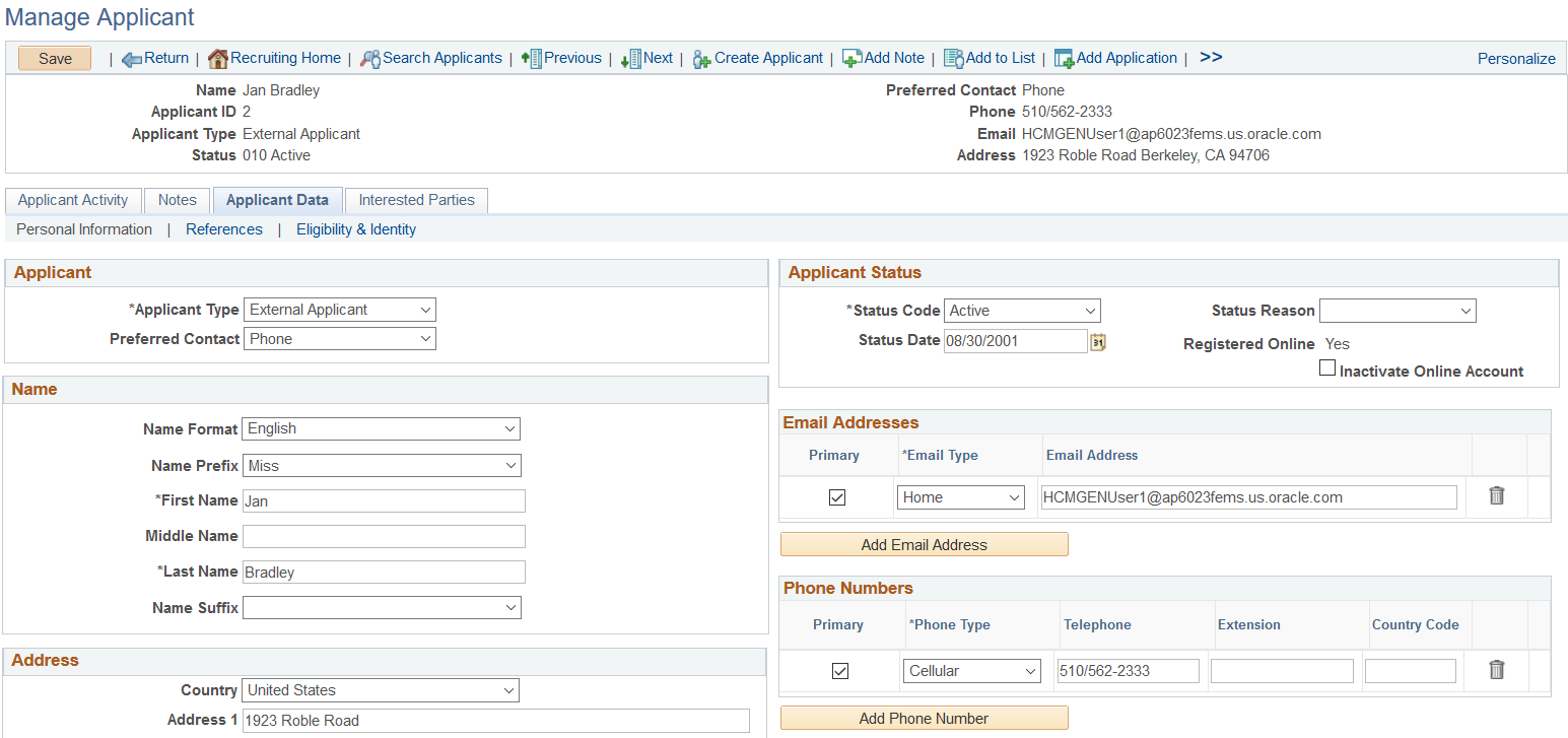 Manage Applicant page: Applicant Data tab
