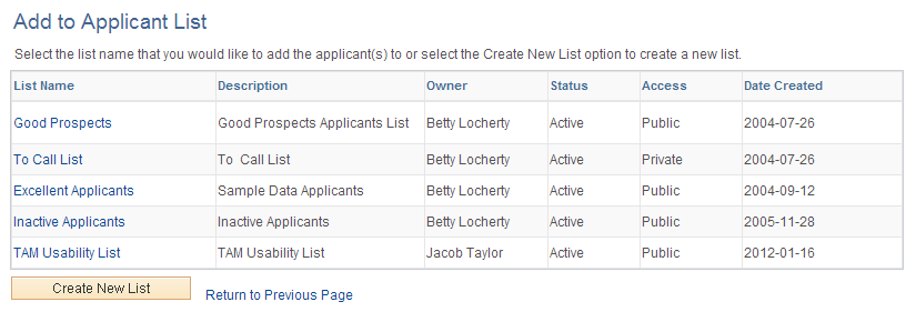 Add to Applicant List page