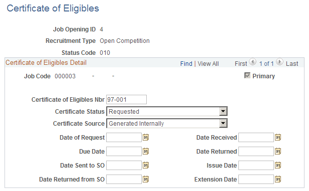 Certificate of Eligibles (certificate data) page