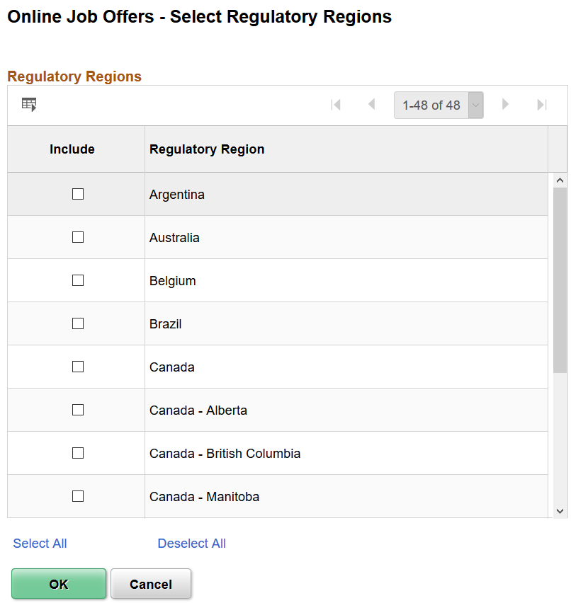 Online Job Offers - Select Regulatory Regions page