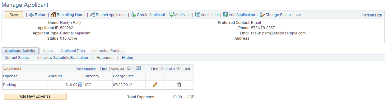 Manage Applicant page: Applicant Activity tab: Expenses section