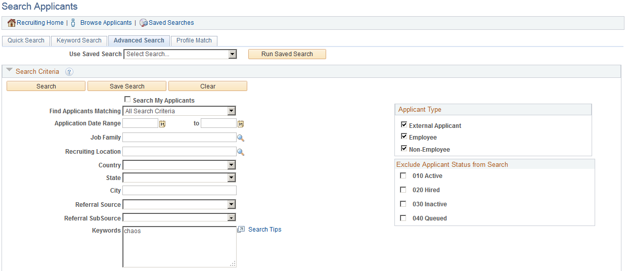 Search Applicants page: Advanced Search tab (1 of 2)