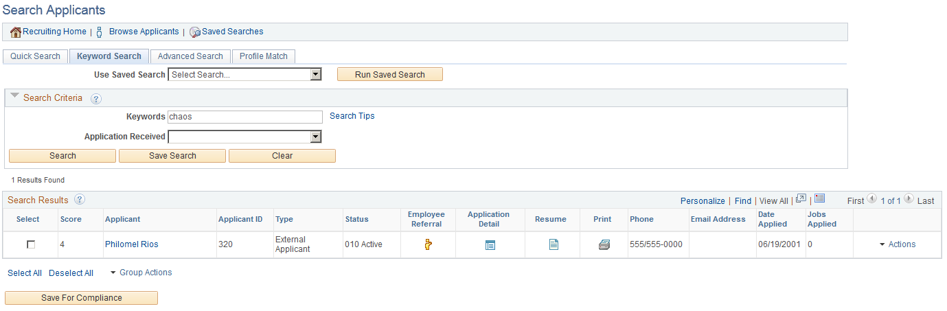 Search Applicants page: Keyword Search tab