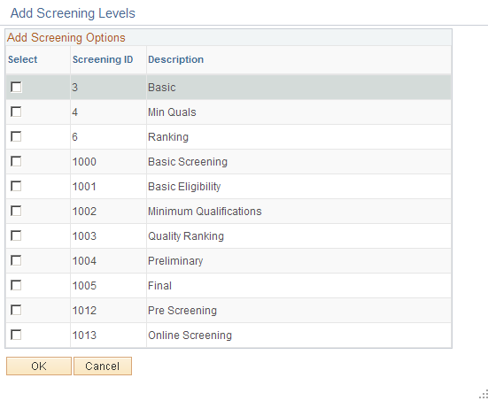 Add Screening Levels page