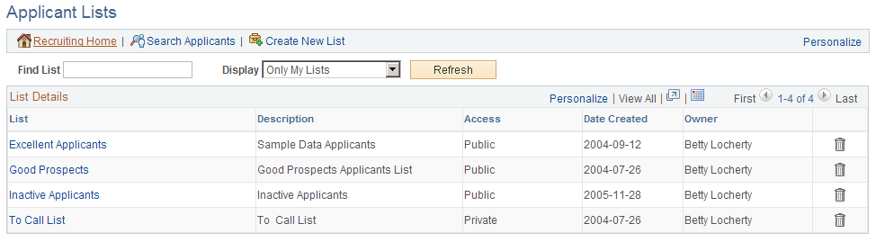 Applicant Lists page