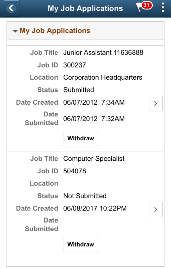My Job Applications page - Smartphone view