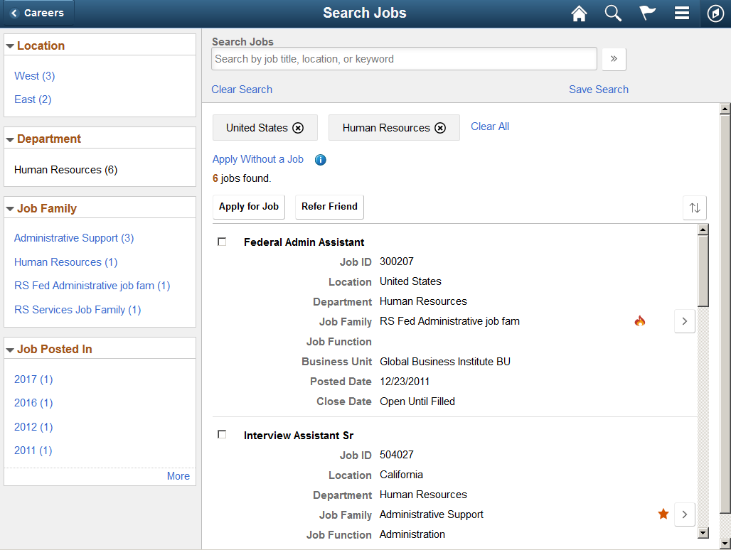 Search Jobs page (fluid) with optional fields