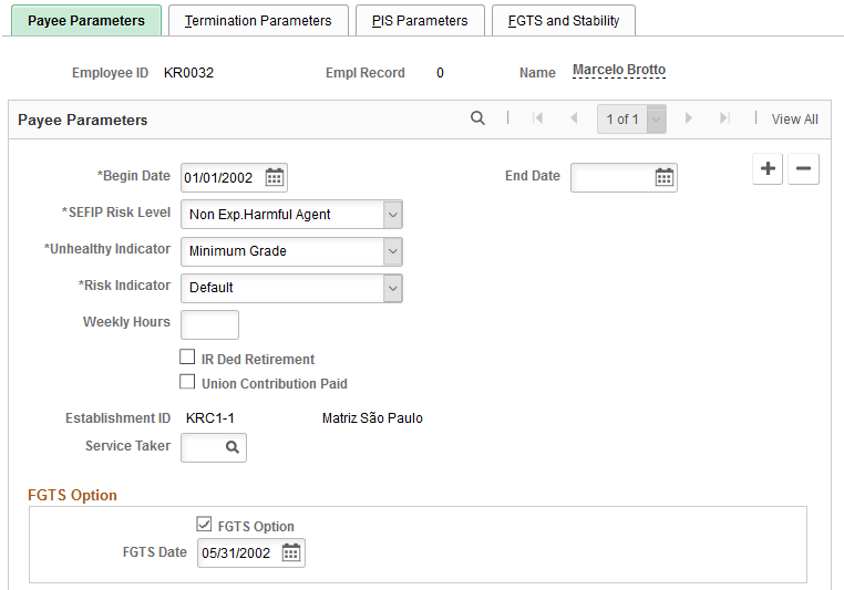 Payee Parameters page (1 of 2)