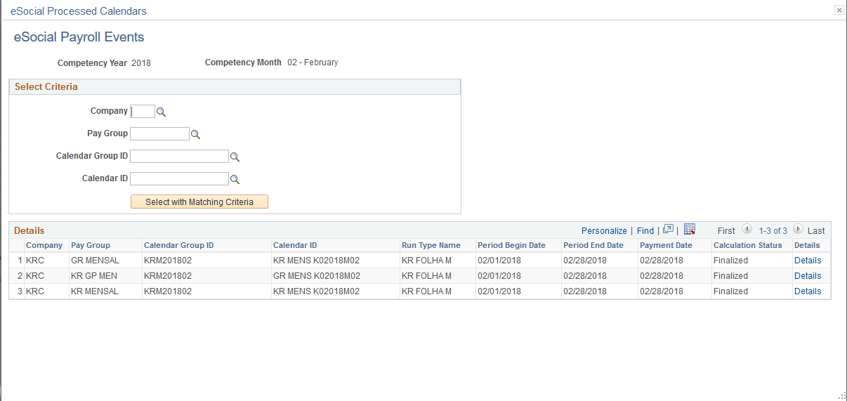 eSocial Processed Calendars - eSocial Payroll Events page