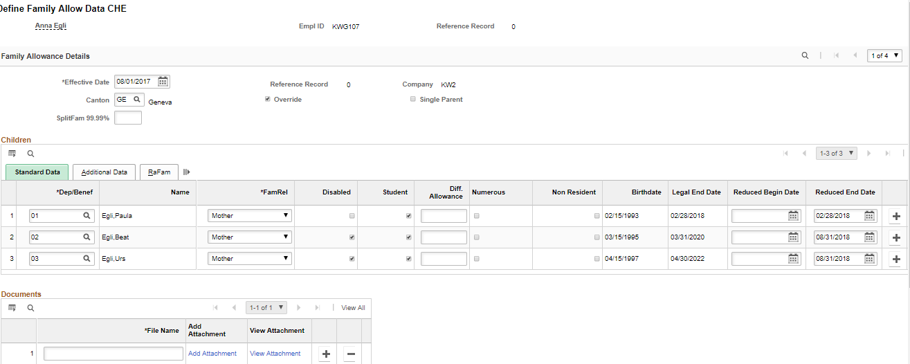 Define Family Allow Data CHE page - Standard Data (1 of 3)