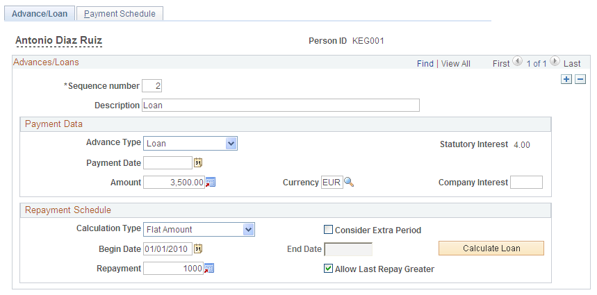 Advance/Loan page