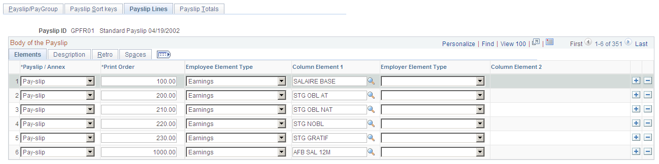 Payslip Lines page: Elements tab