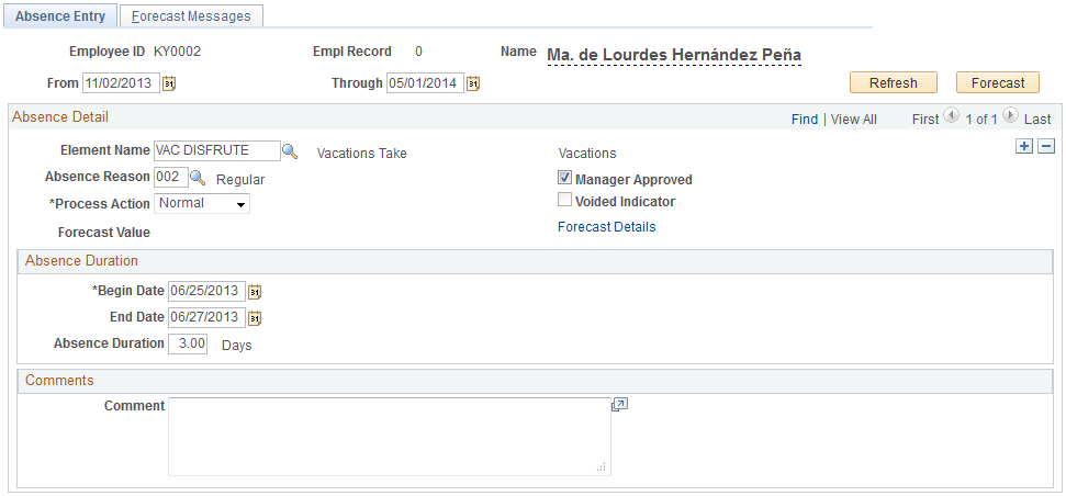 Absence Entry page