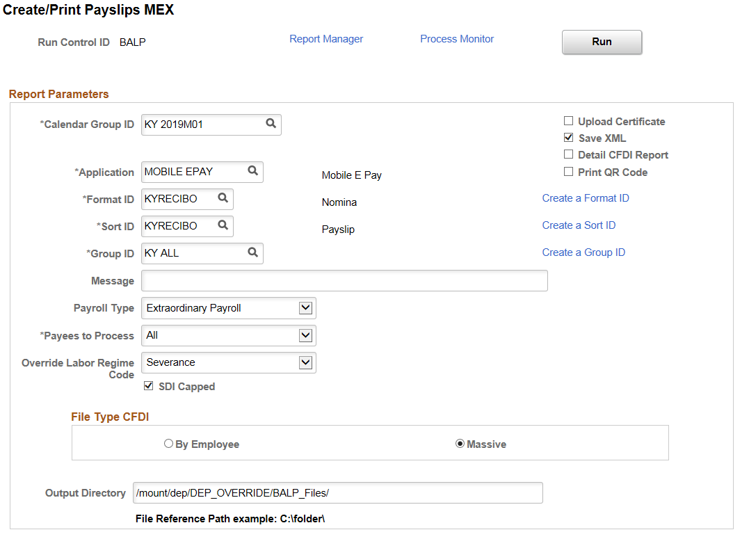 Create/Print Payslips MEX page