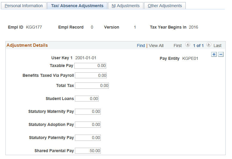 Tax Absence Adjustments Page