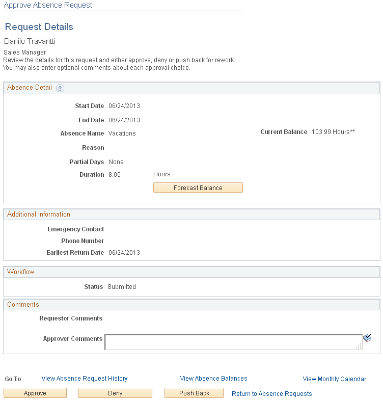 Request Details page for an absence request entered through Microsoft Outlook